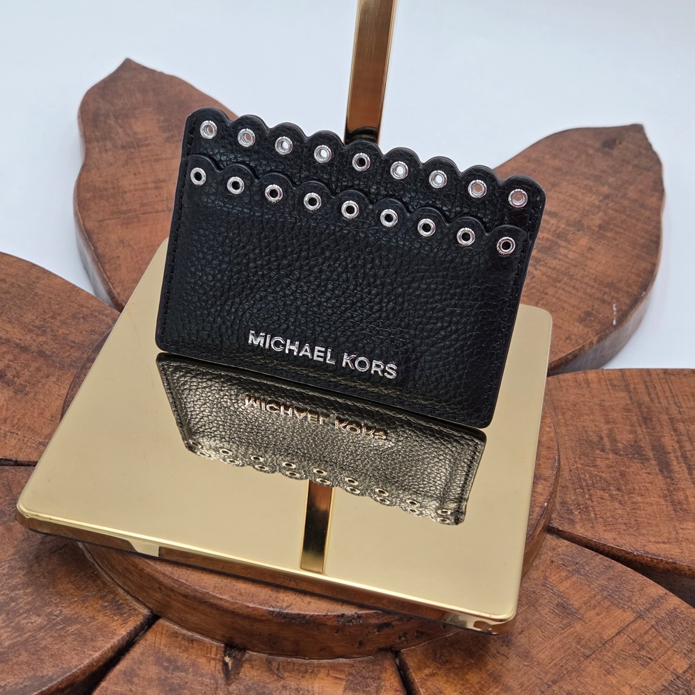 Michael Kors Card Holder Black Scalloped Grommet Leather 4" x 3"